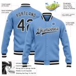 Custom Team Name & Number Light Blue Black & White Varsity Bomber Full-Snap Jacket Personalized Light Blue Black-White Bomber