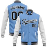 Personalized Light Blue Varsity Letterman Bomber Jacket - Two Tone Black and White Full-Snap Style Personalized Light Blue