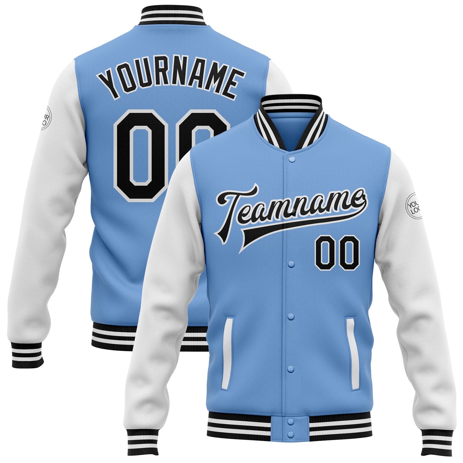 Personalized Light Blue Varsity Letterman Bomber Jacket - Two Tone Black and White Full-Snap Style Personalized Light Blue