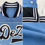 Personalized Light Blue Varsity Letterman Bomber Jacket - Two Tone Black and White Full-Snap Style Personalized Light Blue