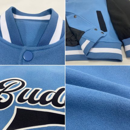 Personalized Custom Name Number Varsity Letterman Bomber Jacket Light Blue Black-White Full-Snap Two Tone Personalized Light