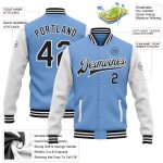 Personalized Light Blue Varsity Letterman Bomber Jacket - Two Tone Black and White Full-Snap Style Personalized Light Blue