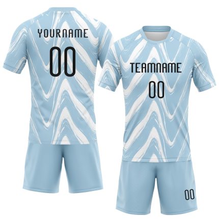 Custom Name and Number Volleyball Uniform Jersey - Personalized Light Blue Black-White Fluid Sublimation Design Personalized