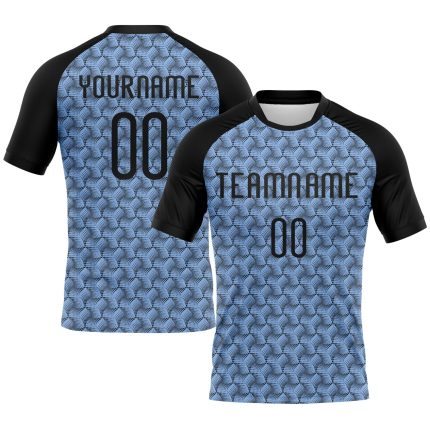 Personalized Sublimation Volleyball Uniform Jersey with Custom Name & Number - Light Blue Black-White Geometric Design Personalized