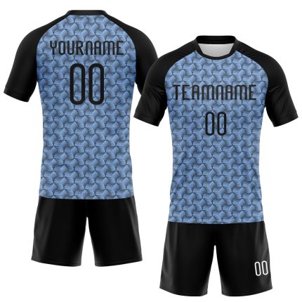 Personalized Sublimation Volleyball Uniform Jersey with Custom Name & Number - Light Blue Black-White Geometric Design Personalized