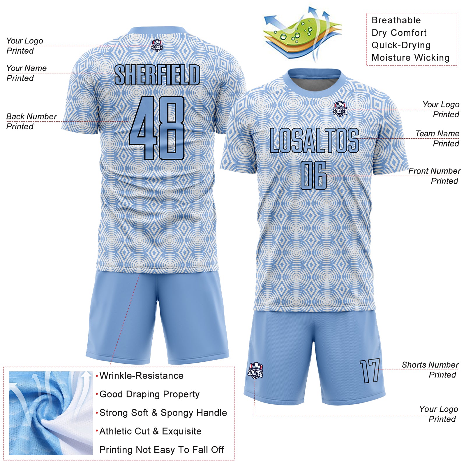 Personalized Light Blue Black-White Geometric Shapes Sublimation Soccer Uniform Jersey Team Custom Name and Number Custom Name and Number Soccer Jersey - Light Blue Geometric Shapes Sublimation Team Uniform Personalized Light Blue Black-White - Image 4