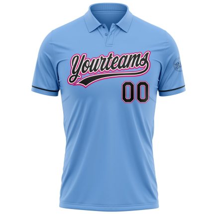 Custom Light Blue Hot Pink Vapor Golf Polo Shirt with Team Name and Number - Performance Design Personalized Light Blue Black