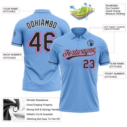 Custom Light Blue Hot Pink Vapor Golf Polo Shirt with Team Name and Number - Performance Design Personalized Light Blue Black