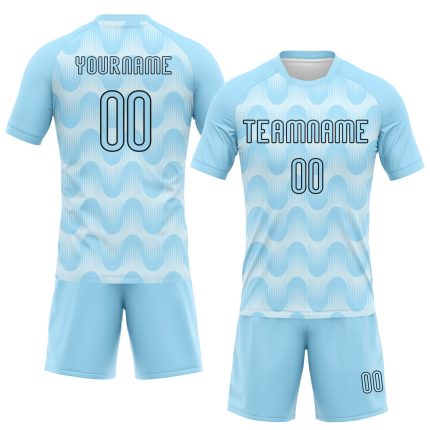 Custom Name and Number Volleyball Uniform Jersey - Personalized Light Blue with Black-White Lines and Waves Design Personalized