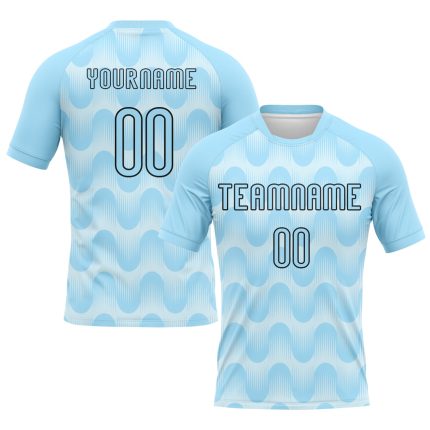 Custom Name and Number Volleyball Uniform Jersey - Personalized Light Blue with Black-White Lines and Waves Design Personalized