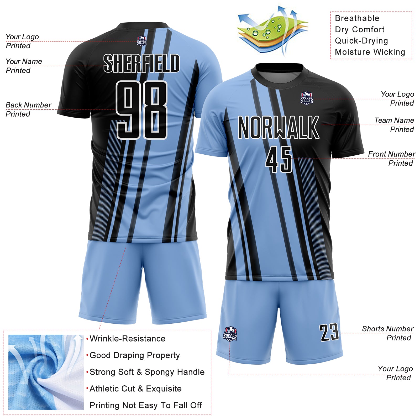 Personalized Light Blue Black-White Lines Sublimation Soccer Uniform Jersey Personalized Light Blue Soccer Jersey with Black-White Lines Design - Sublimation Uniform Personalized Light Blue Black-White - Image 4
