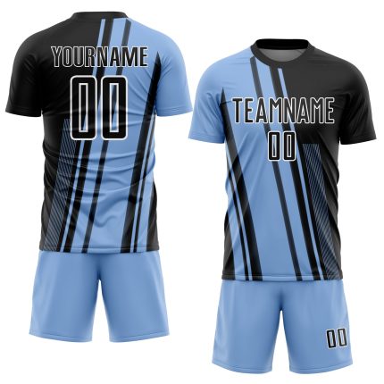 Personalized Light Blue Soccer Jersey with Black-White Lines Design - Sublimation Uniform Personalized Light Blue Black-White
