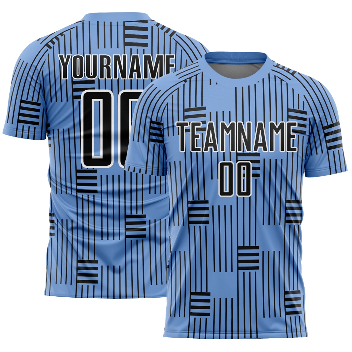 Custom Soccer Jersey with Personalized Name and Number, Light Blue Sublimation Design, Black and White Lines Personalized