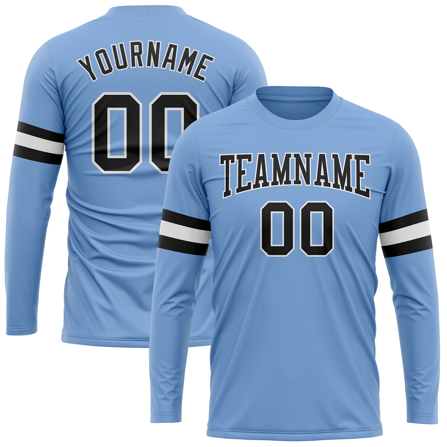 Custom Name and Number Light Blue Long Sleeve Performance T-Shirt - Personalized Team Apparel Personalized Light Blue Black-White