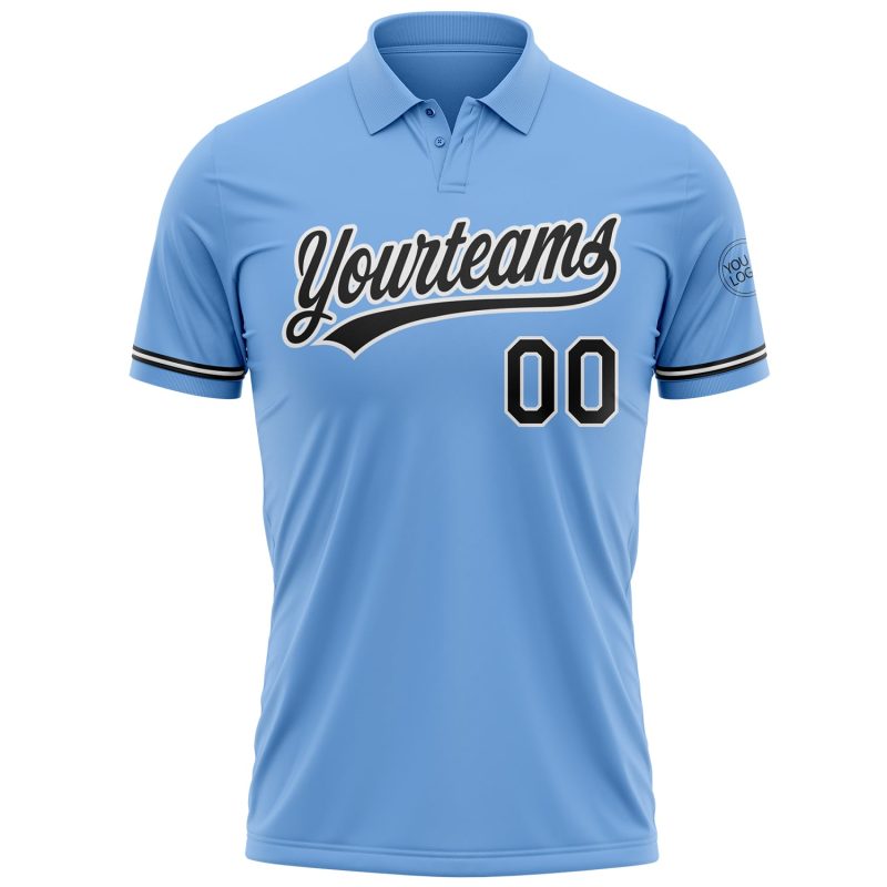 Custom Name Number Performance Vapor Golf Polo Shirt - Light Blue Black-White Team Apparel Personalized Light Blue Black-White