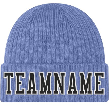 Custom Name and Number Personalized Knit Hat - Light Blue Cuffed Beanie with Black-White Stitching Personalized Light Blue
