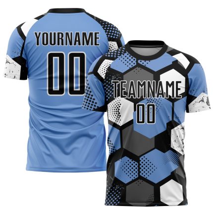 Personalized Light Blue Black White Soccer Jersey Uniform - Custom Sublimation Design Personalized Light Blue Black-White