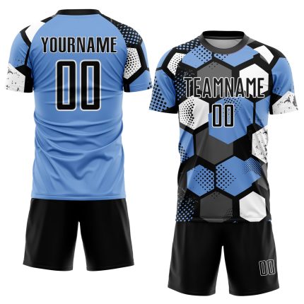 Personalized Light Blue Black White Soccer Jersey Uniform - Custom Sublimation Design Personalized Light Blue Black-White