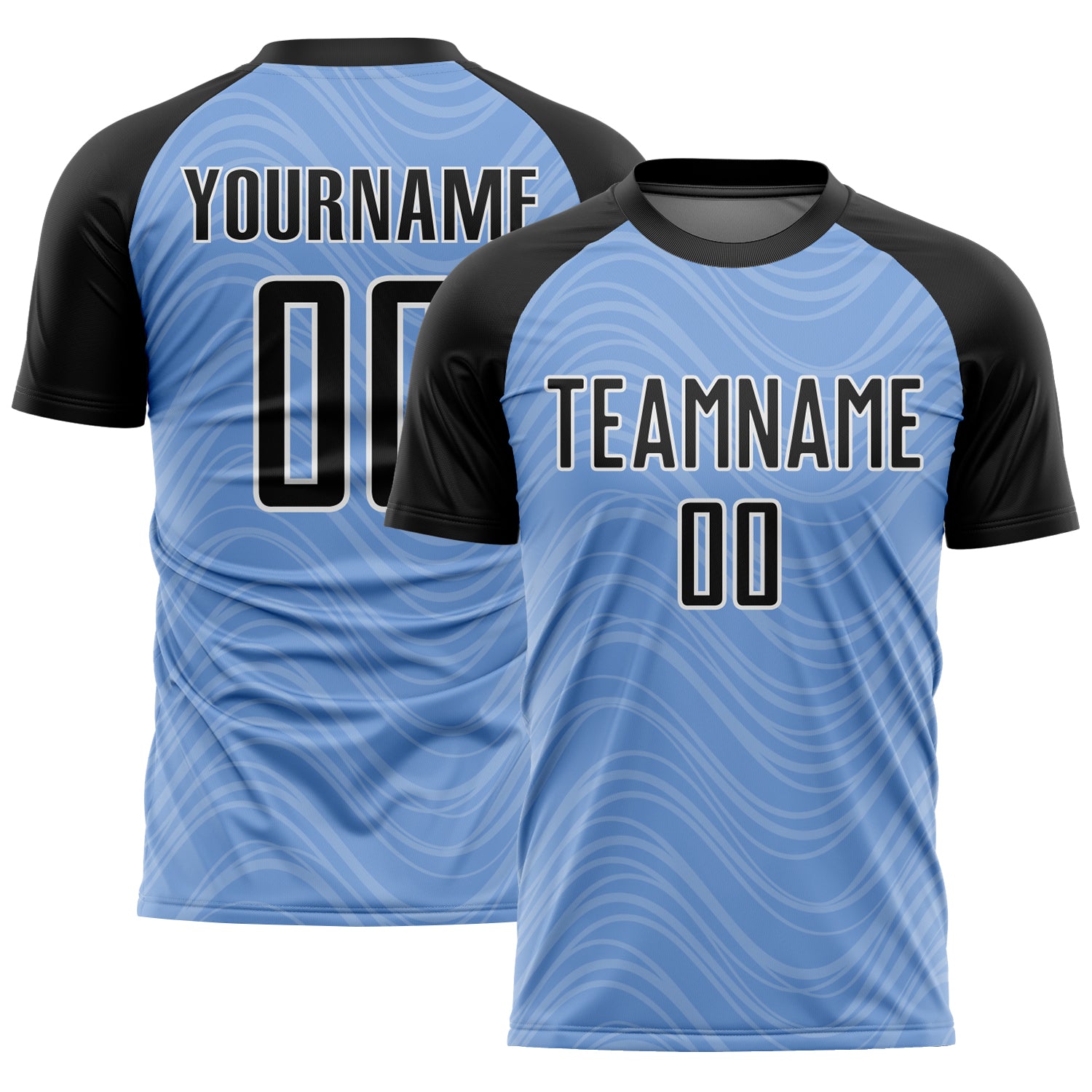Custom Name and Number Soccer Jersey with Light Blue Black-White Wavy Lines Sublimation Design - Team Uniform Personalized