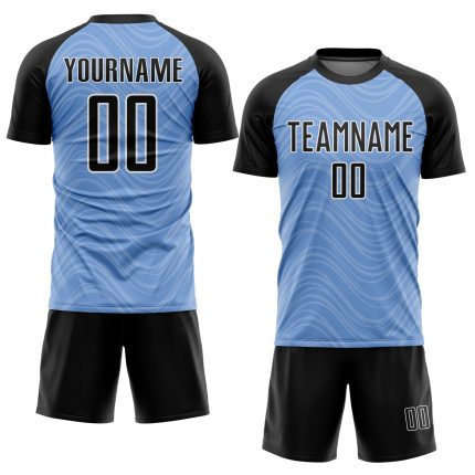 Custom Name and Number Soccer Jersey with Light Blue Black-White Wavy Lines Sublimation Design - Team Uniform Personalized
