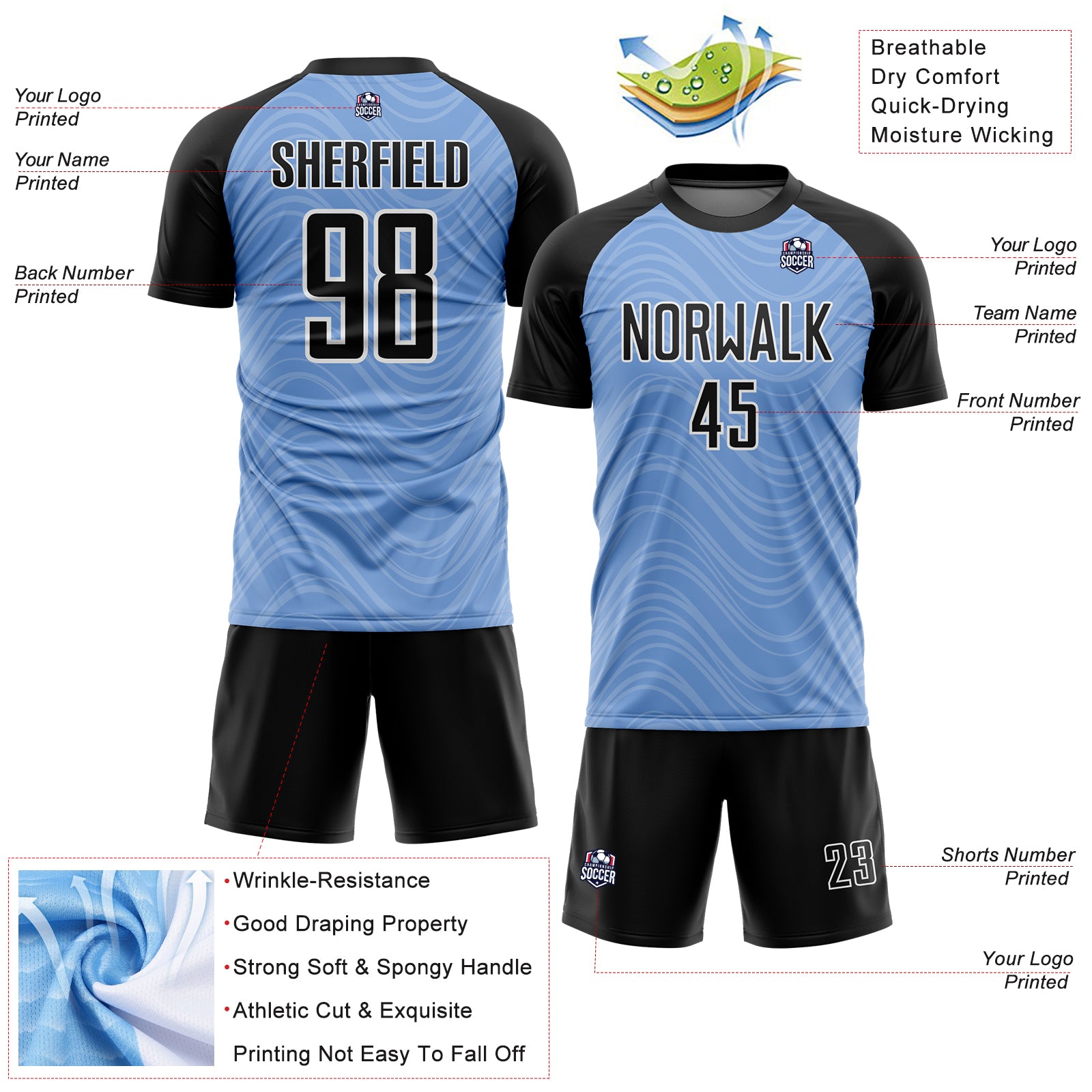 Personalized Light Blue Black-White Wavy Lines Sublimation Soccer Uniform Jersey Team Custom Name and Number Custom Name and Number Soccer Jersey with Light Blue Black-White Wavy Lines Sublimation Design - Team Uniform Personalized - Image 4
