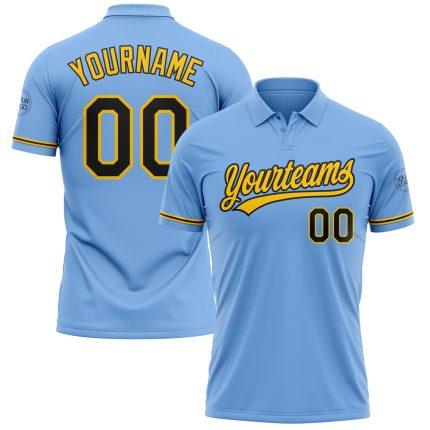 Custom Team Name and Number Light Blue Black-Yellow Performance Vapor Golf Polo Shirt Personalized Light Blue Black-Yellow