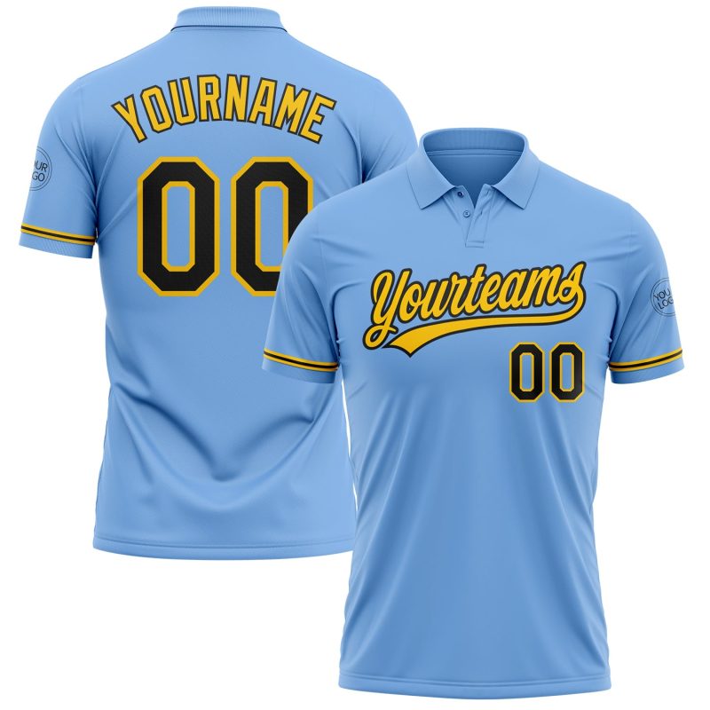 Custom Team Name and Number Light Blue Black-Yellow Performance Vapor Golf Polo Shirt Personalized Light Blue Black-Yellow