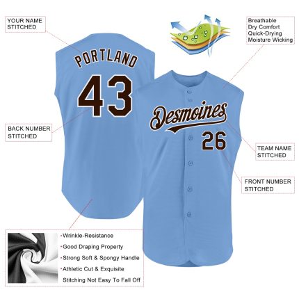 Custom Baseball Jersey with Team Name and Number - Light Blue Brown-White Sleeveless Authentic Design Personalized Light