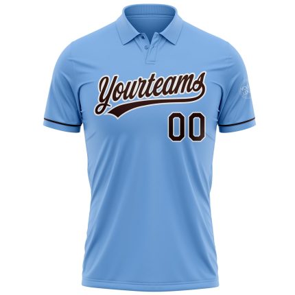 Custom Team Name Number Light Blue Brown-White Performance Golf Polo Shirt Personalized Light Blue Brown-White Performance