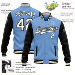 Customizable Bomber Jacket with Name and Number - Light Blue Cream-Black Varsity Letterman Full-Snap Two Tone Design Personalized