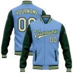 Custom Team Name and Number Light Blue Cream-Green Two Tone Bomber Varsity Letterman Full-Snap Jacket Personalized Light