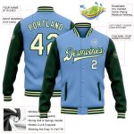 Custom Team Name and Number Light Blue Cream-Green Two Tone Bomber Varsity Letterman Full-Snap Jacket Personalized Light
