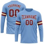 Custom Light Blue Long Sleeve Performance T-Shirt with Crimson-Cream Team Name and Number Personalized रखा हुआ Personalized
