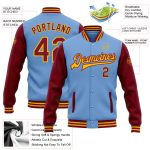 Custom Varsity Letterman Jacket with Personalized Name and Number, Light Blue Crimson Gold Two Tone Bomber Full-Snap Personalized