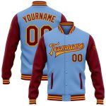Custom Varsity Letterman Jacket with Personalized Name and Number, Light Blue Crimson Gold Two Tone Bomber Full-Snap Personalized