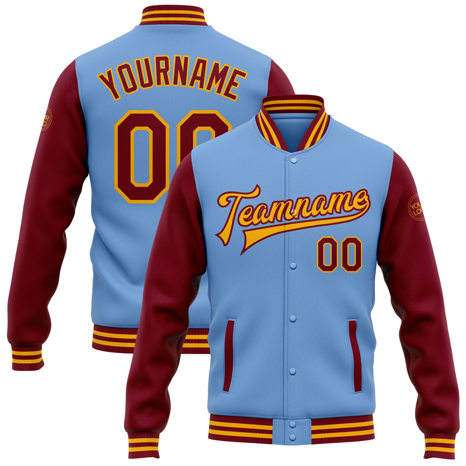 Custom Varsity Letterman Jacket with Personalized Name and Number, Light Blue Crimson Gold Two Tone Bomber Full-Snap Personalized