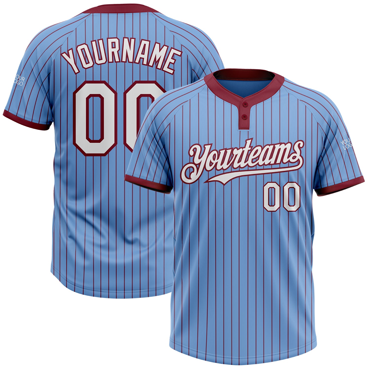 Custom Name and Number Softball Jersey Unisex Light Blue Crimson Pinstripe Two-Button White Personalized Light Blue Crimson