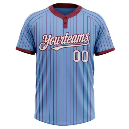 Custom Name and Number Softball Jersey Unisex Light Blue Crimson Pinstripe Two-Button White Personalized Light Blue Crimson