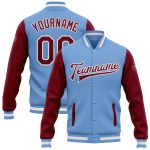Custom Team Bomber Jacket - Light Blue Crimson-White Varsity Full-Snap Letterman with Personalized Name & Number Personalized