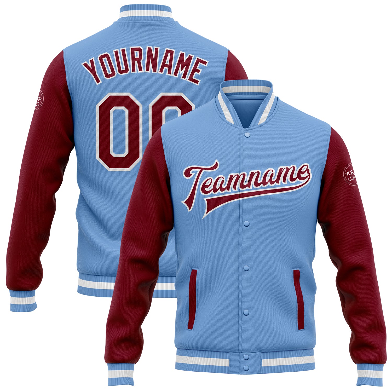 Custom Team Bomber Jacket - Light Blue Crimson-White Varsity Full-Snap Letterman with Personalized Name & Number Personalized