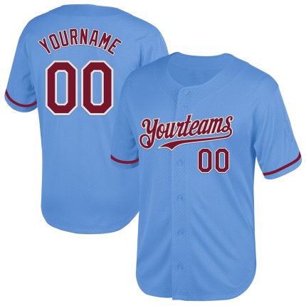 Custom Light Blue Baseball Jersey with Crimson-White Mesh, Personalized Name & Number - Authentic Throwback Design Personalized