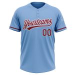 Personalized Light Blue Two-Button Unisex Softball Jersey in Crimson-White Color Personalized Light Blue Crimson-White Two-Button