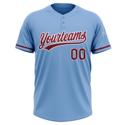 Personalized Light Blue Two-Button Unisex Softball Jersey in Crimson-White Color Personalized Light Blue Crimson-White Two-Button