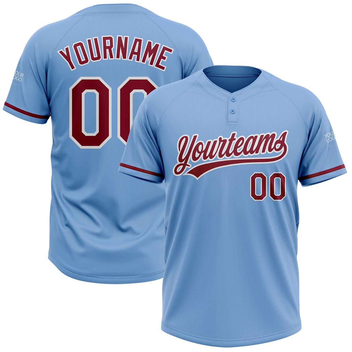 Personalized Light Blue Two-Button Unisex Softball Jersey in Crimson-White Color Personalized Light Blue Crimson-White Two-Button