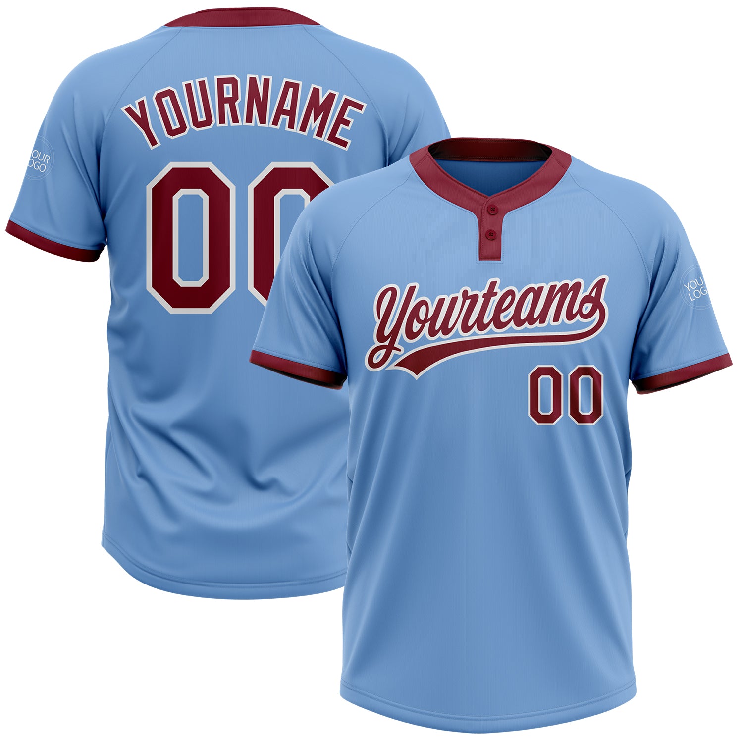 Custom Name and Number Softball Jersey - Personalized Unisex Light Blue Crimson-White Two-Button Design Personalized Light