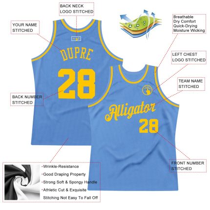 Custom Light Blue Gold Basketball Jersey - Personalized Throwback Team Name & Number Personalized Light Blue Gold Authentic