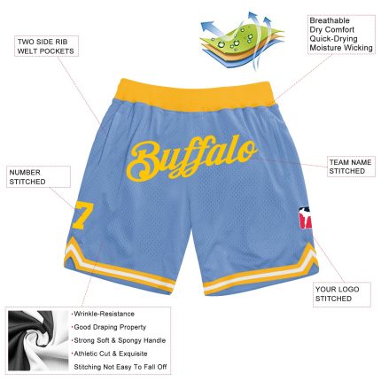 Custom Name Number Light Blue Gold Basketball Shorts Personalized Authentic Throwback Team Style Personalized Light Blue