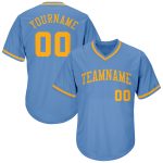 Custom Name and Number Light Blue Gold Throwback Rib-Knit Baseball Jersey Shirt - Personalized Sports Apparel Personalized