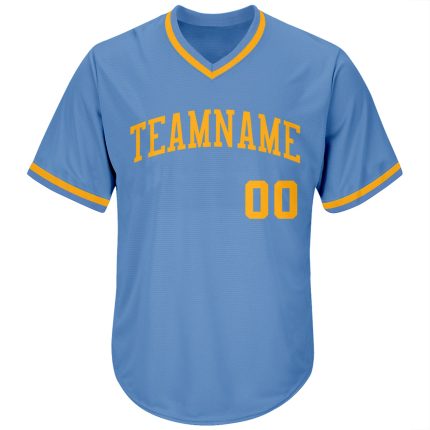 Custom Name and Number Light Blue Gold Throwback Rib-Knit Baseball Jersey Shirt - Personalized Sports Apparel Personalized