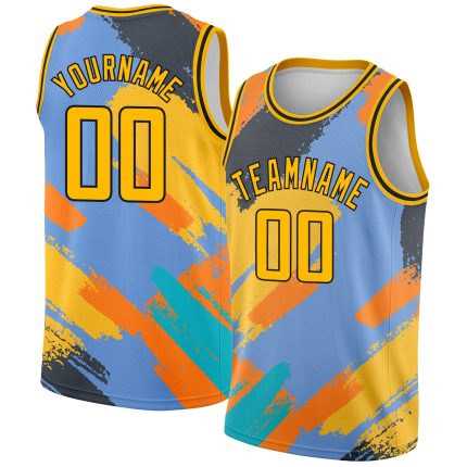 Custom Basketball Jersey with 3D Pattern Design, Light Blue Gold-Black Abstract Brush Stroke, Personalized Name & Number